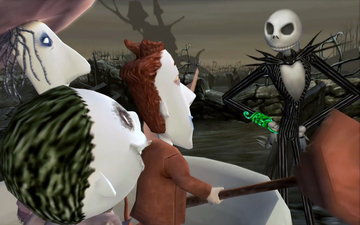 Jack Skellington stares disapprovingly at Lock, Shock, and Barrel, who are in a bathtub, in a screenshot from The Nightmare Before Christmas: Oogie’s Revenge