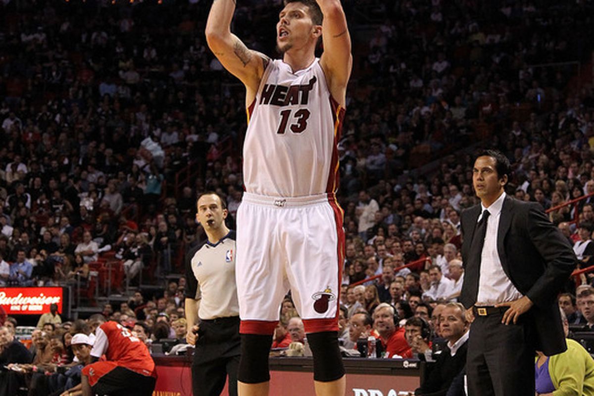MIAMI FL - JANUARY 22: Mike Miller #13 of the Miami Heat shoots a jumpshot during a game against the Toronto Raptors at American Airlines Arena on January 22 2011 in Miami Florida. (Photo by Mike Ehrmann/Getty Images)
