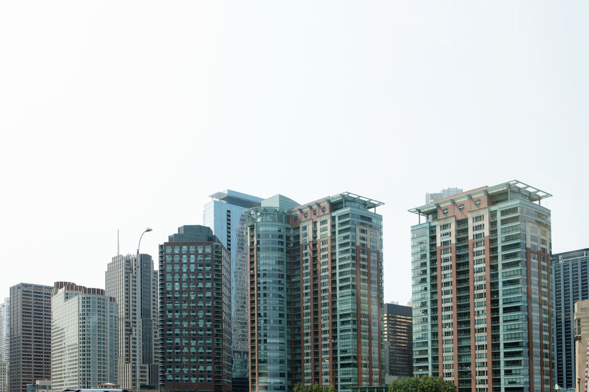 A view of the tops of high-rises in downtown Chicago.