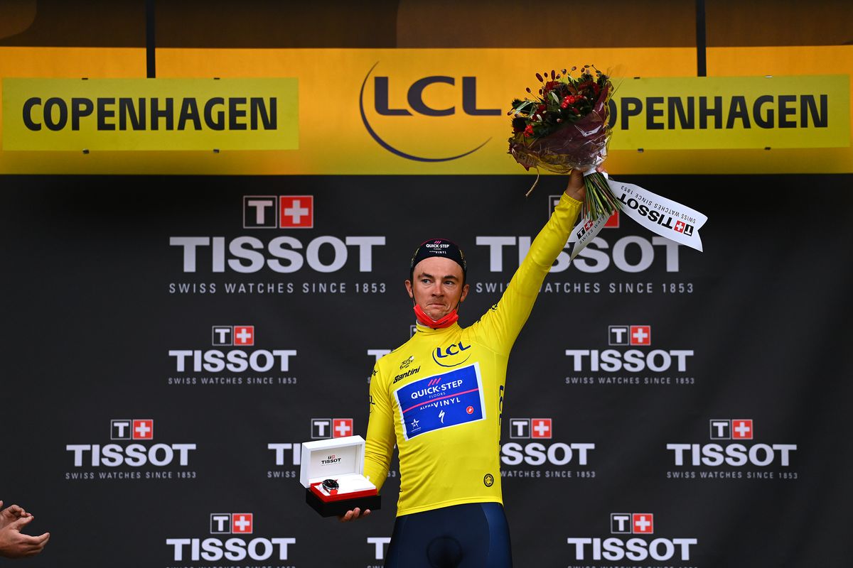 Yves Lampaert of Belgium and Quick-Step - Alpha Vinyl Team celebrates at podium as Yellow Leader Jersey winner during the 109th Tour de France 2022, Stage 1 a 13,2km individual time trial stage from Copenhagen to Copenhagen / ITT / #TDF2022 / #WorldTour / on July 01, 2022 in Copenhagen, Denmark.
