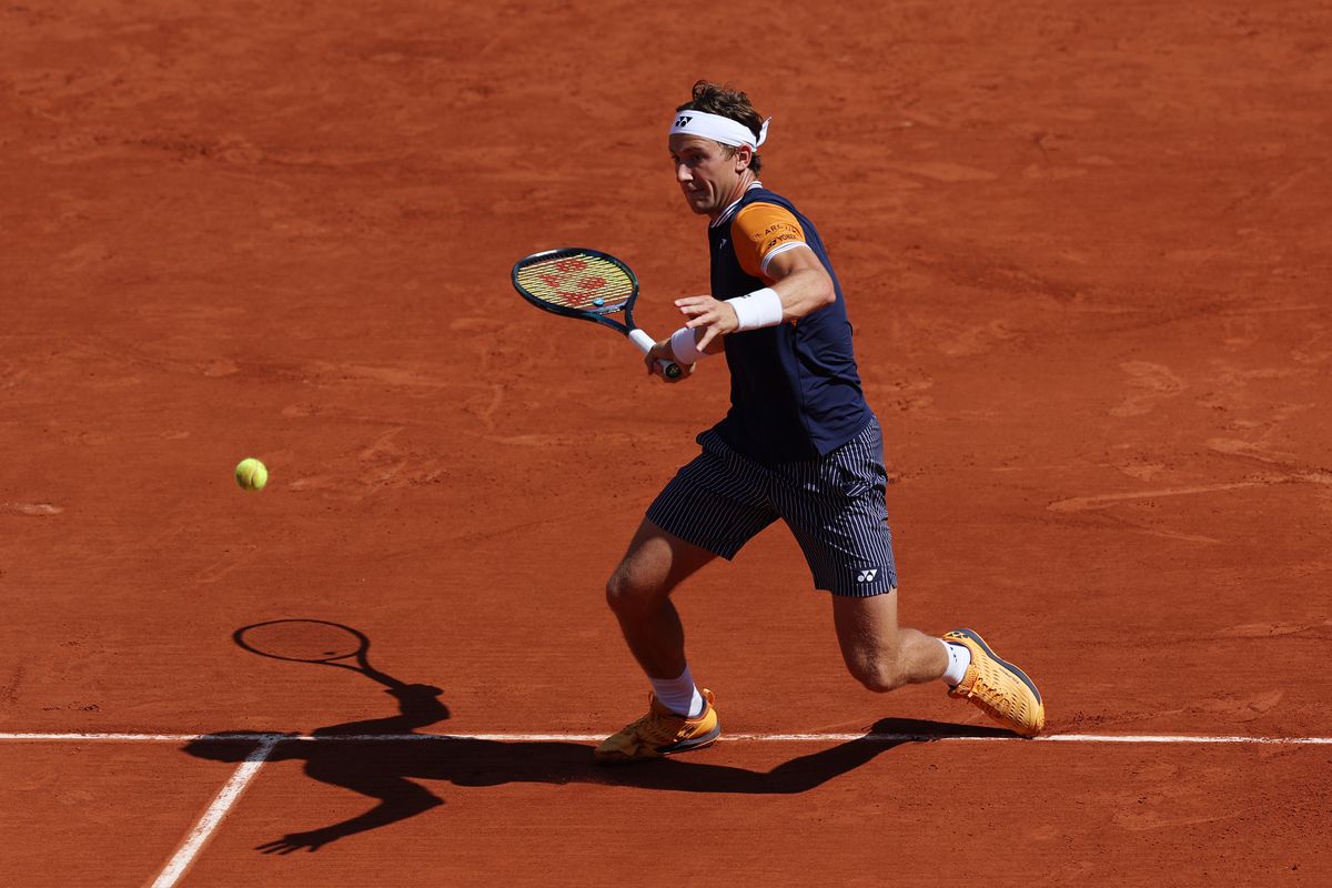 Casper Ruud of Norway returns a shot against Zhizhen Zhang of China during the their Third Round match on Day Seven of the 2023 French Open at Roland Garros on June 03 2023 in Paris, France.