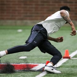 Wide receiver Tim Patrick runs a drill at the University of Utah football pro day in Salt Lake City on Thursday, March 23, 2017.