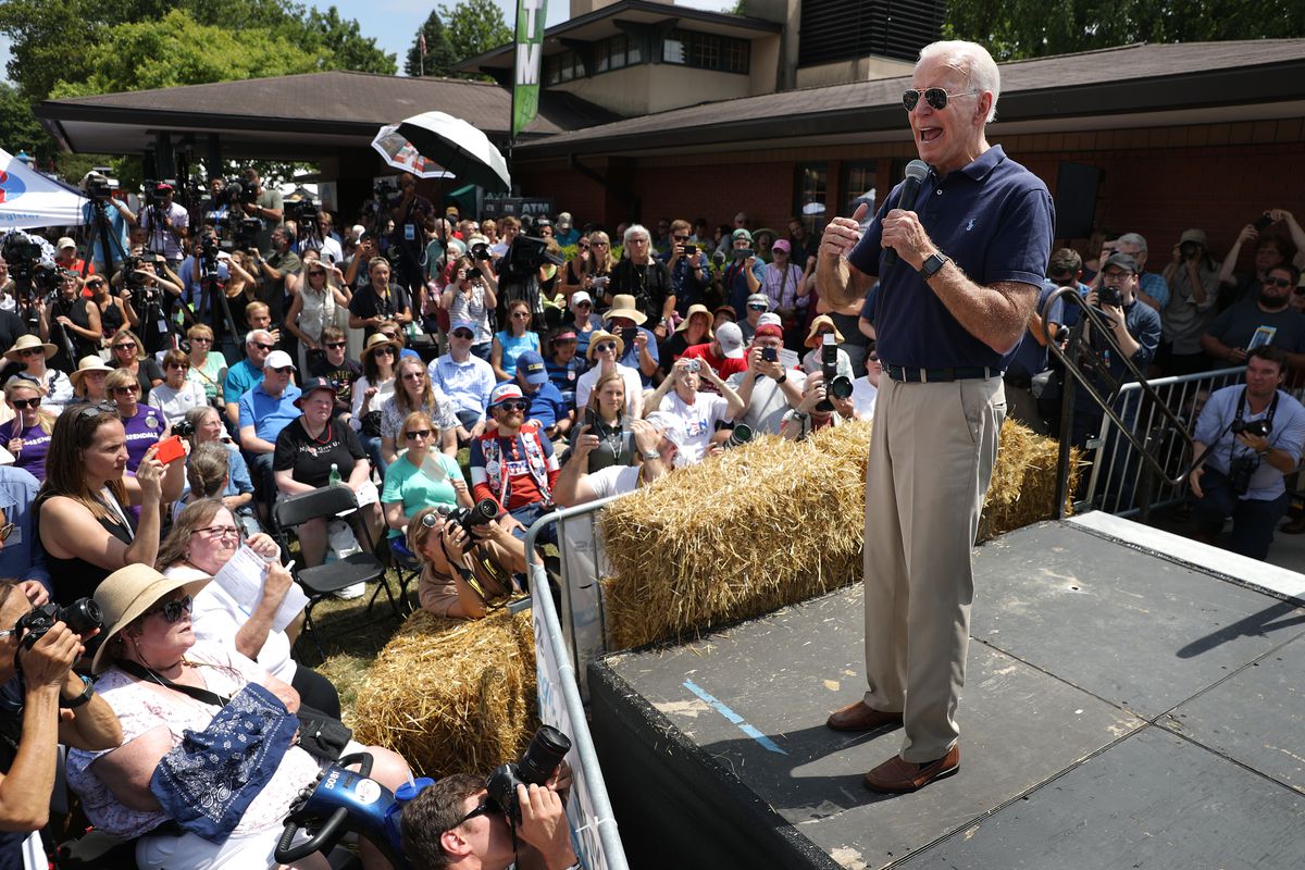 Democratic presidential candidate and former Vice President Joe Biden delivers a 20-minute campaign speech at the Des Moines Register Political Soapbox at the Iowa State Fair August 08, 2019 in Des Moines, Iowa. 22 of the 23 politicians seeking the Democratic Party presidential nomination will be visiting the fair this week, six months ahead of the all-important Iowa caucuses.
