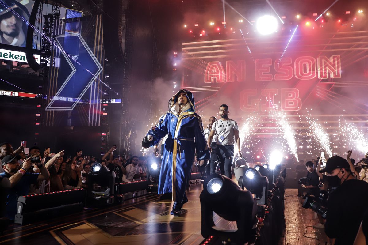 AnEsonGib enters the ring during LivexLive’s Social Gloves: Battle Of The Platforms PPV Livestream at Hard Rock Stadium on June 12, 2021 in Miami Gardens, Florida.