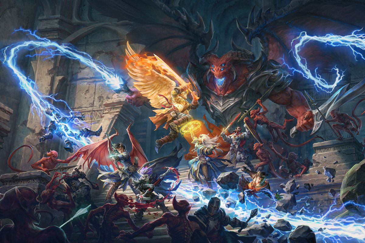 A balor lashes out with lighting, spitting from a magic wand, while heroes battle demonic imps in the foreground.