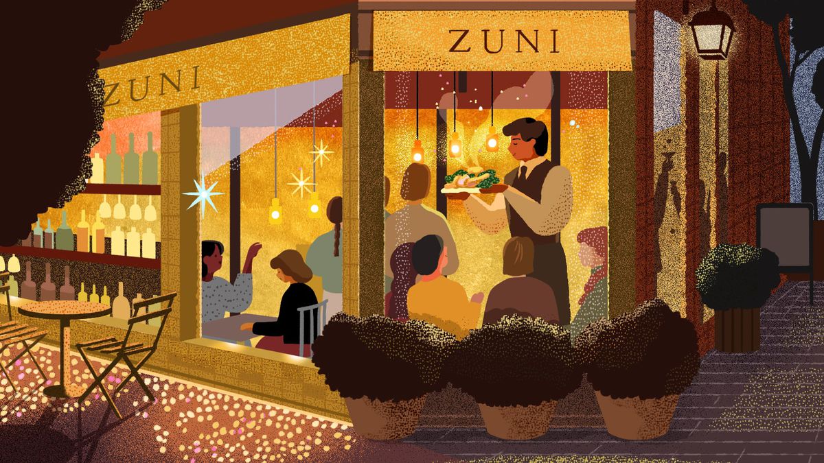 An illustration of the exterior of Zuni Cafe including a worker seen in a window serving food.