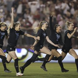 BYU celebrates after beating Santa Clara 3-2 in a penalty kick shootout during the NCAA women’s soccer tournament semifinals at Stevens Stadium in Santa Clara, Calif., on Friday, Dec. 3, 2021. The Cougars advanced to the national championship game, where they’ll face Florida State.