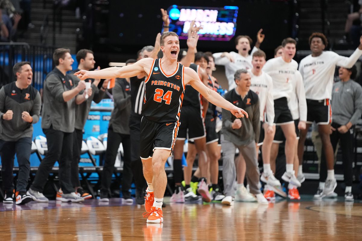 Princeton Tigers guard Blake Peters (24) reacts after scoring a basket against the Arizona Wildcats during the second half at Golden 1 Center