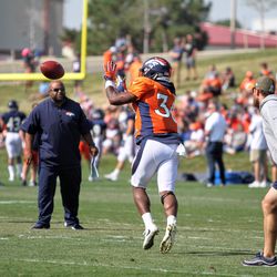 Broncos rookie RB David Williams opens his hands to the pass during drills.