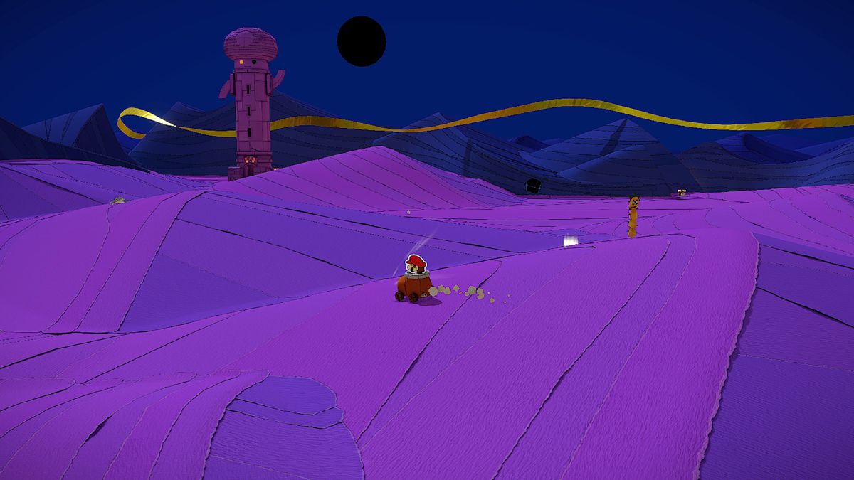 Paper Mario drives through a purple desert with a Toad tower in the background in a screenshot from Paper Mario: The Origami King