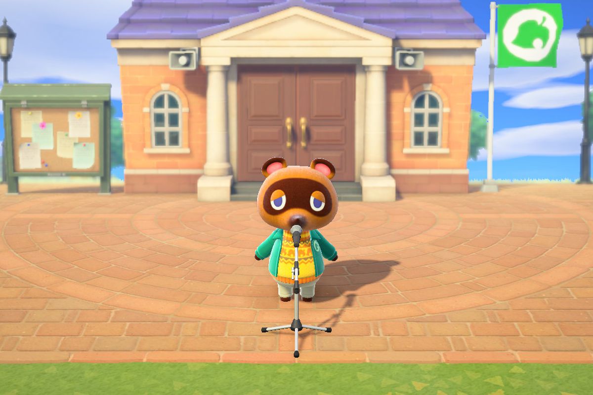 Tom Nook stands in front of a microphone to give the daily announcements