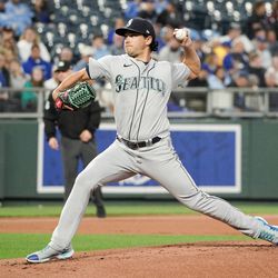 Sep 23, 2022; Kansas City, Missouri, USA; Seattle Mariners starting pitcher Marco Gonzales (7) throws a pitch against the Kansas City Royals in the first inning at Kauffman Stadium. Mandatory Credit: Denny Medley