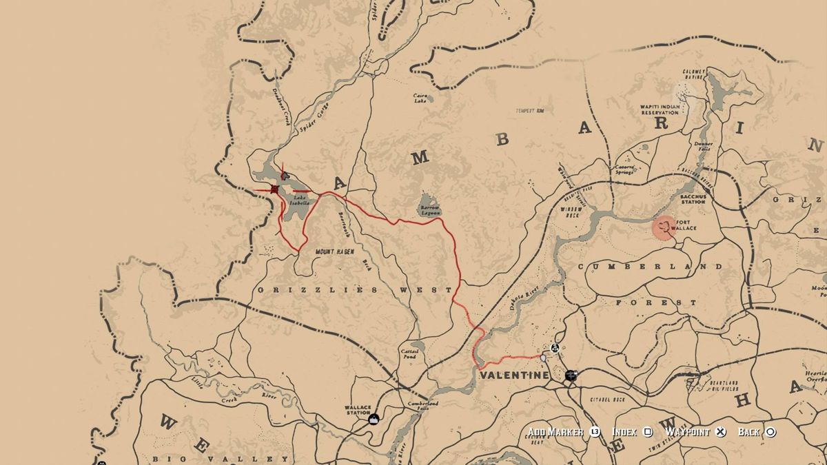 Red Dead Redemption 2 - map marked with path from Valentine to Lake Isabella