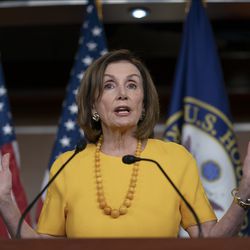 Speaker of the House Nancy Pelosi, D-Calif., meets with reporters before joining congressional leaders at a closed-door security briefing on the rising tensions with Iran, at the Capitol in Washington, Thursday, June 20, 2019. (AP Photo/J. Scott Applewhite)