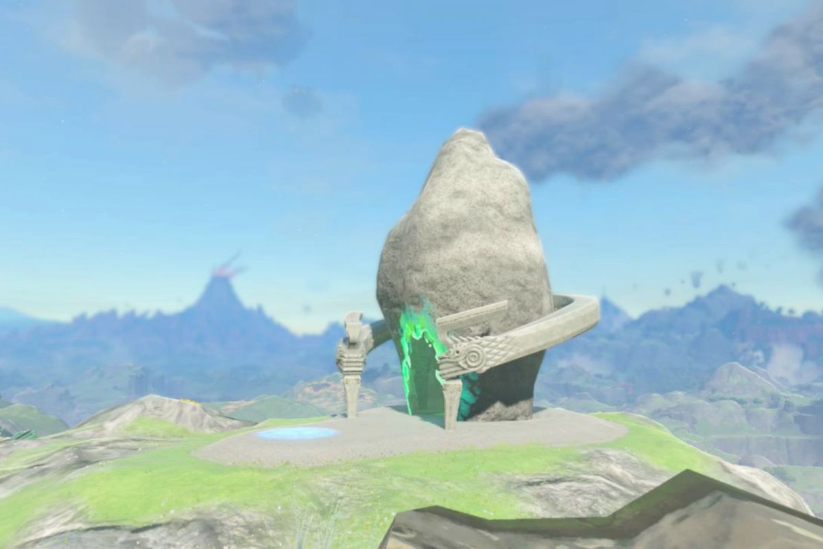 A screen shows the Zelda: Tears of the Kingdom Ishokin Shrine exterior