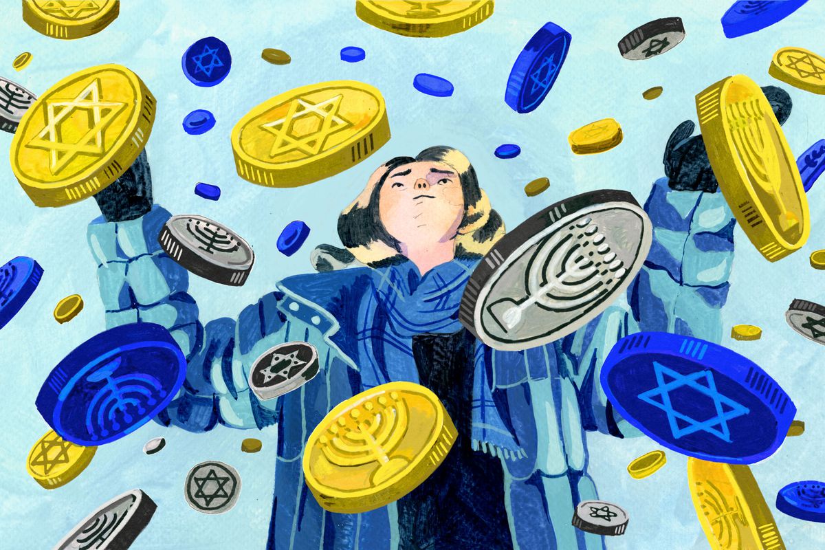 Blue, gold, and silver coins with Hanukkah imagery rain down on a woman in a blue jacket, in illustration.