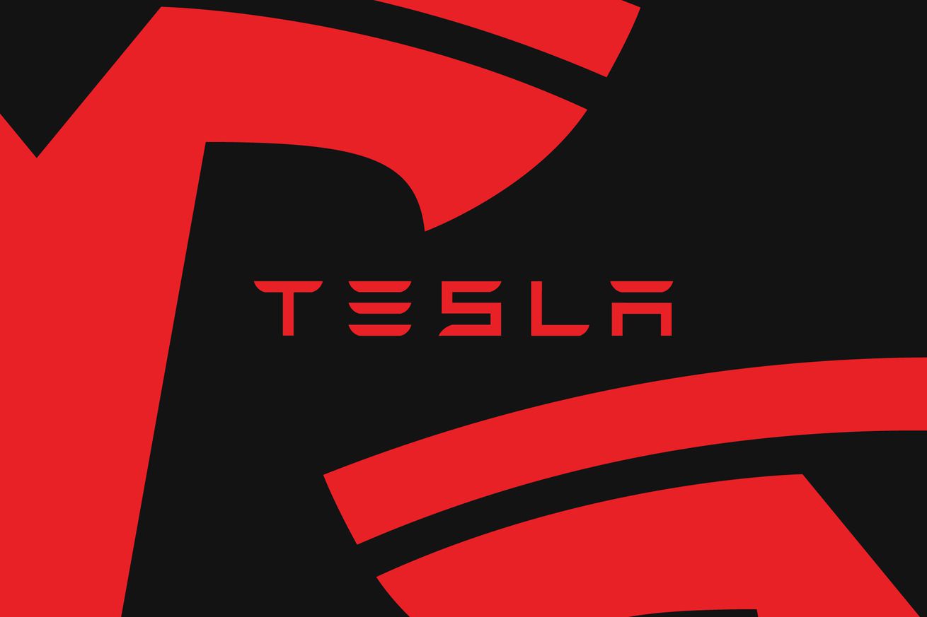 Tesla logo in red on black background