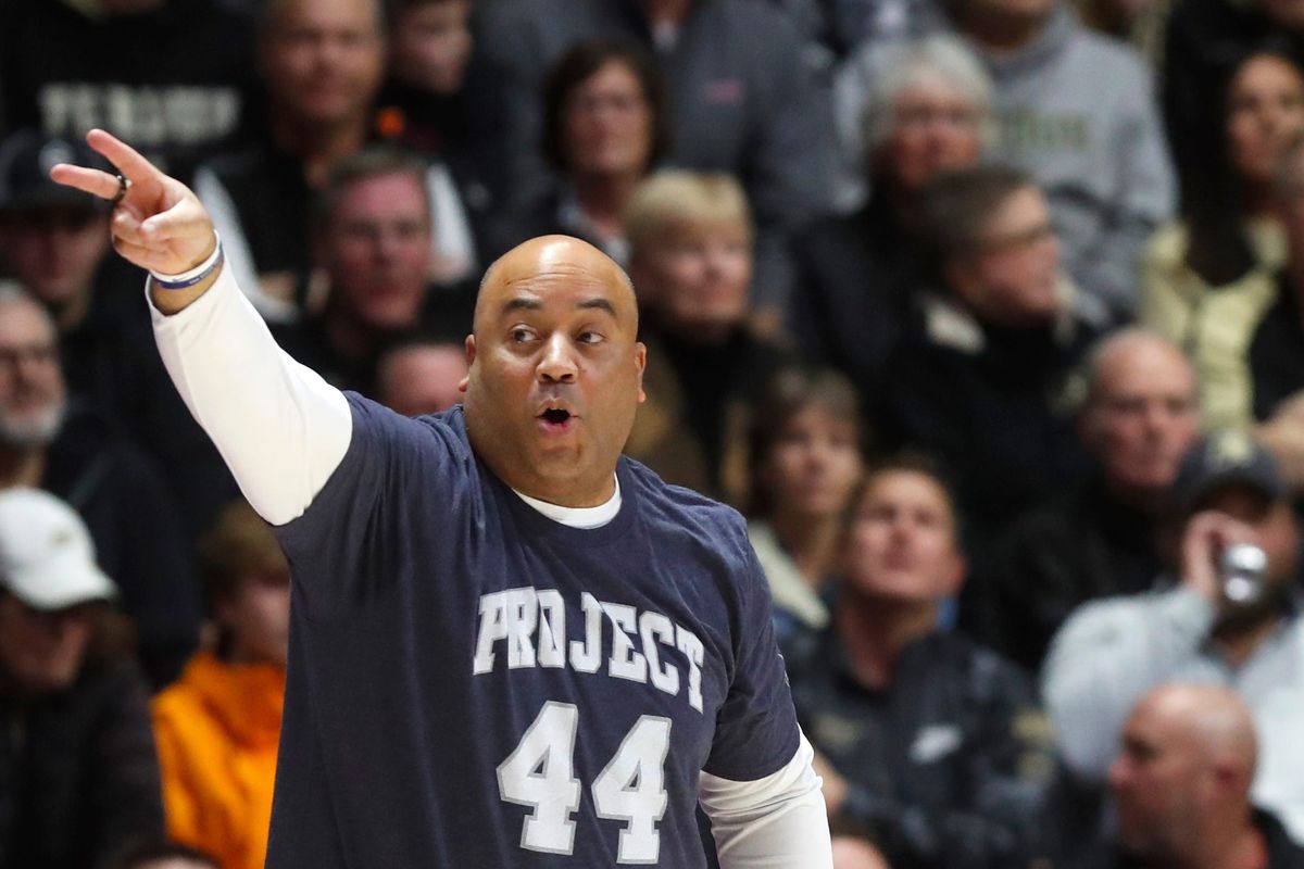 Penn State Nittany Lions head coach Micah Shrewsberry yells down court during the NCAA men s basketball game against the Purdue Boilermakers, Wednesday, Feb. 1, 2023, at Mackey Arena in West Lafayette, Indiana.
