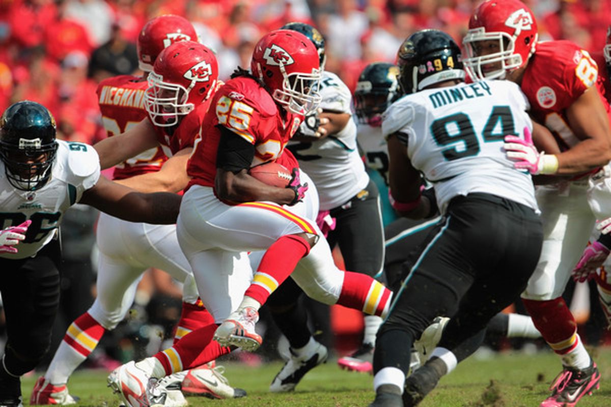 KANSAS CITY MO - OCTOBER 24:  Jamaal Charles #25 of the Kansas City Chiefs carries the ball during the game against the Jacksonville Jaguars on October 24 2010 at Arrowhead Stadium in Kansas City Missouri.  (Photo by Jamie Squire/Getty Images)