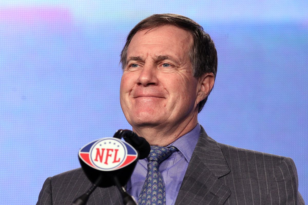 INDIANAPOLIS, IN - FEBRUARY 03:  AFC Champion Head Coach Bill Belichick answers questions during a press conference during Super Bowl XLVI week at the JW Marriott in Indianapolis, Indiana.  (Photo by Elsa/Getty Images)