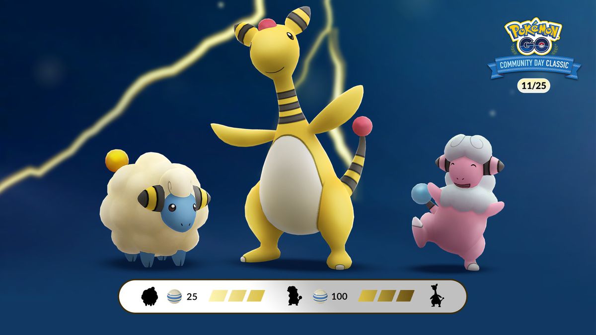 Mareep, Ampharos, and Flaffy on a blue background