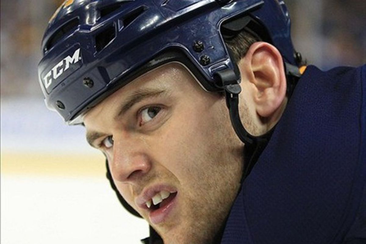 Feb 21, 2012; Buffalo, NY, USA; Buffalo Sabres right wing Zack Kassian (54) during the game against the New York Islanders at the First Niagara Center. Sabres beat the Islanders 2-1. Mandatory Credit: Kevin Hoffman-US PRESSWIRE