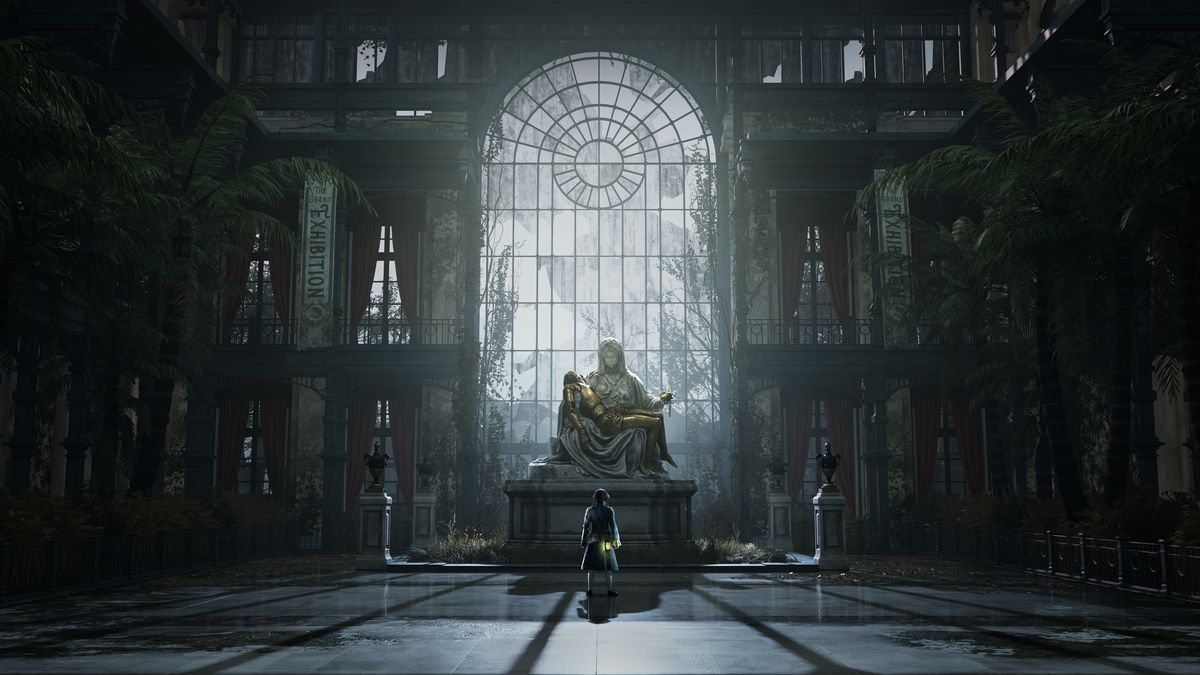 Pinocchio stands in a wide interior space, in front of a statue and a massive arcade window, in Lies of P