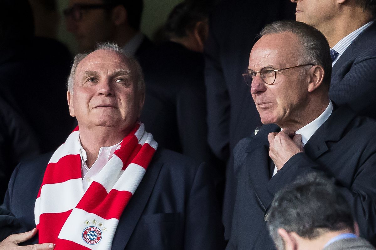Sevilla FC v Bayern Muenchen - UEFA Champions League Quarter Final Leg One
SEVILLE, SPAIN - APRIL 03: Uli Hoeness of Bayern Muenchen and Karl-Heinz Rummenigge of Bayern Muenchen looks on during the UEFA Champions League Quarter-Final first leg match between Sevilla FC and Bayern Muenchen at Estadio Ramon Sanchez Pizjuan on April 3, 2018 in Seville, Spain.