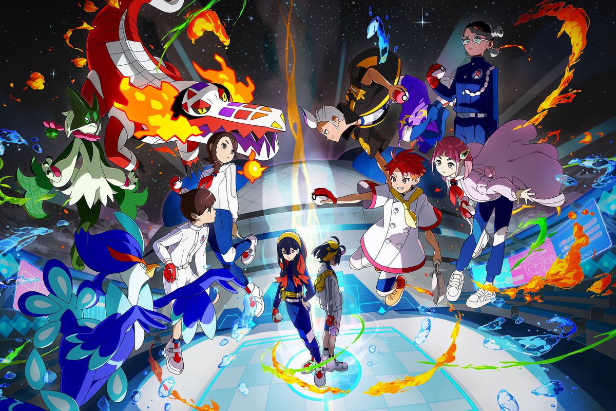 The key art for The Indigo Disk DLC from Pokémon Scarlet and Violet, showing multiple trainers surrounded by starter Pokémon.