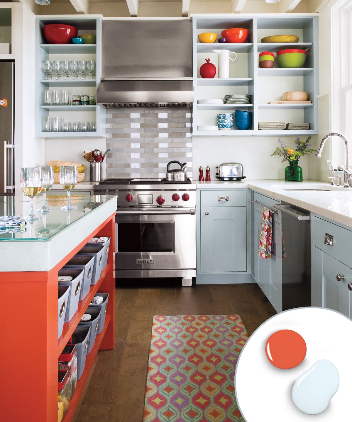 White, orange, and grey kitchen color scheme.