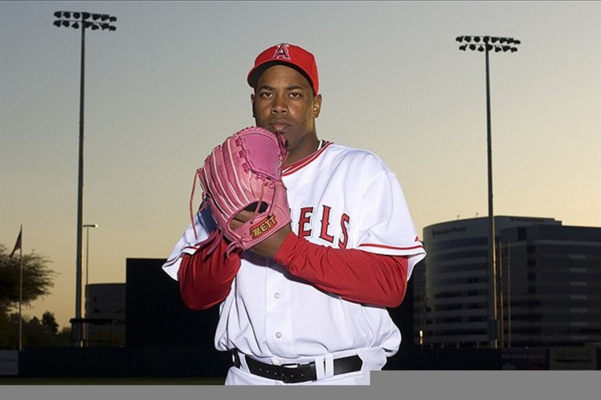 Feb 29, 2012; Tempe, AZ, USA; Los Angeles Angels starting pitcher Jerome Williams (57) during photo day at Tempe Diablo Stadium.