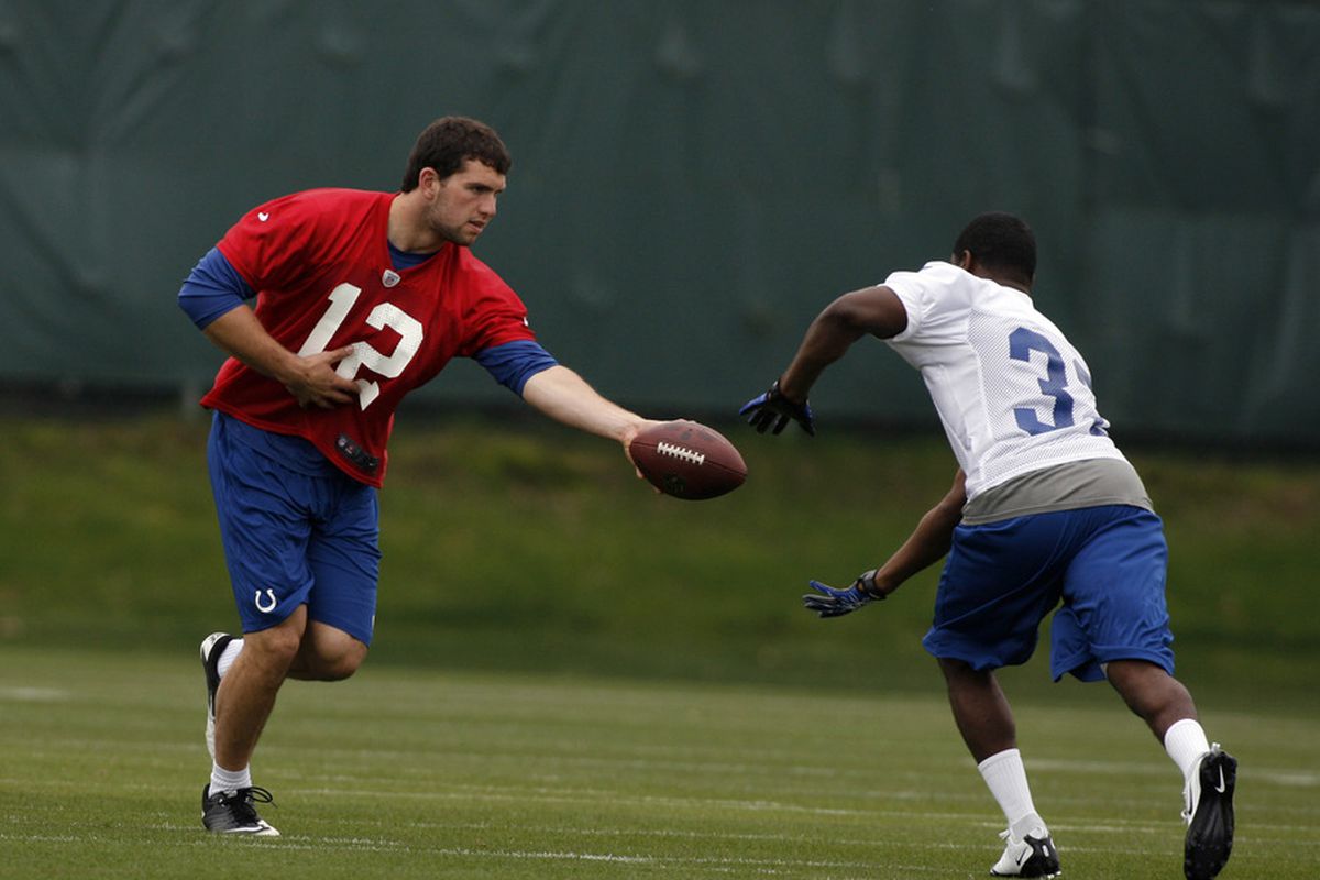 May 4, 2012; Indianapolis, IN, USA; Indianapolis Colts quarterback Andrew Luck (12) hands the ball off to running back Vick Ballard (33) during minicamp at the Indiana Farm Bureau Football Center. Mandatory Credit: Brian Spurlock-US PRESSWIRE
