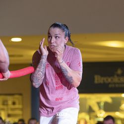 Raquel Pennington gets loose at the UFC 224 open workouts Wednesday inside Barra Shopping Mall in Rio de Janeiro, Brazil.
