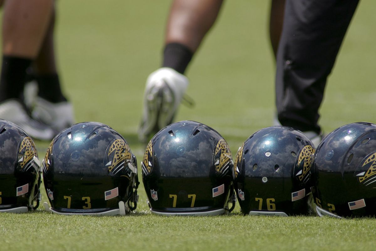 June 12, 2012; Jacksonville FL, USA; Jacksonville Jaguars helmets sit in a row during minicamp at Florida Blue Health & Wellness Practice Fields. Mandatory Credit: Phil Sears-US PRESSWIRE