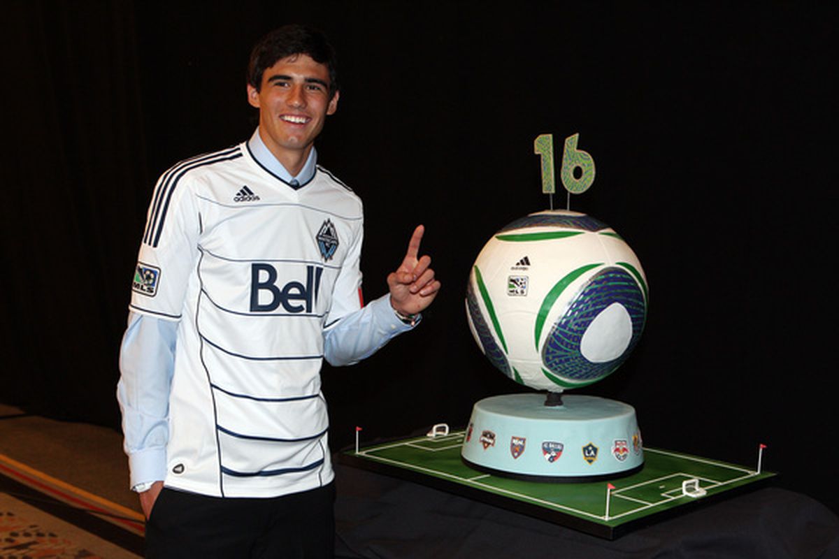 BALTIMORE - JANUARY 13: First selection Omar Salgado of the Vancouver Whitecaps poses for a photo during the 2011 MLS SuperDraft on January 13 2011 at the Baltimore Convention Center in Baltimore Maryland. (Photo by Ned Dishman/Getty Images)
