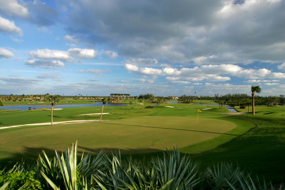 A view from behind the green on the par 4, second hole looking back towards the clubhouse at Seminole Golf Club on November 29, 2004 in Juno Beach, Florida.