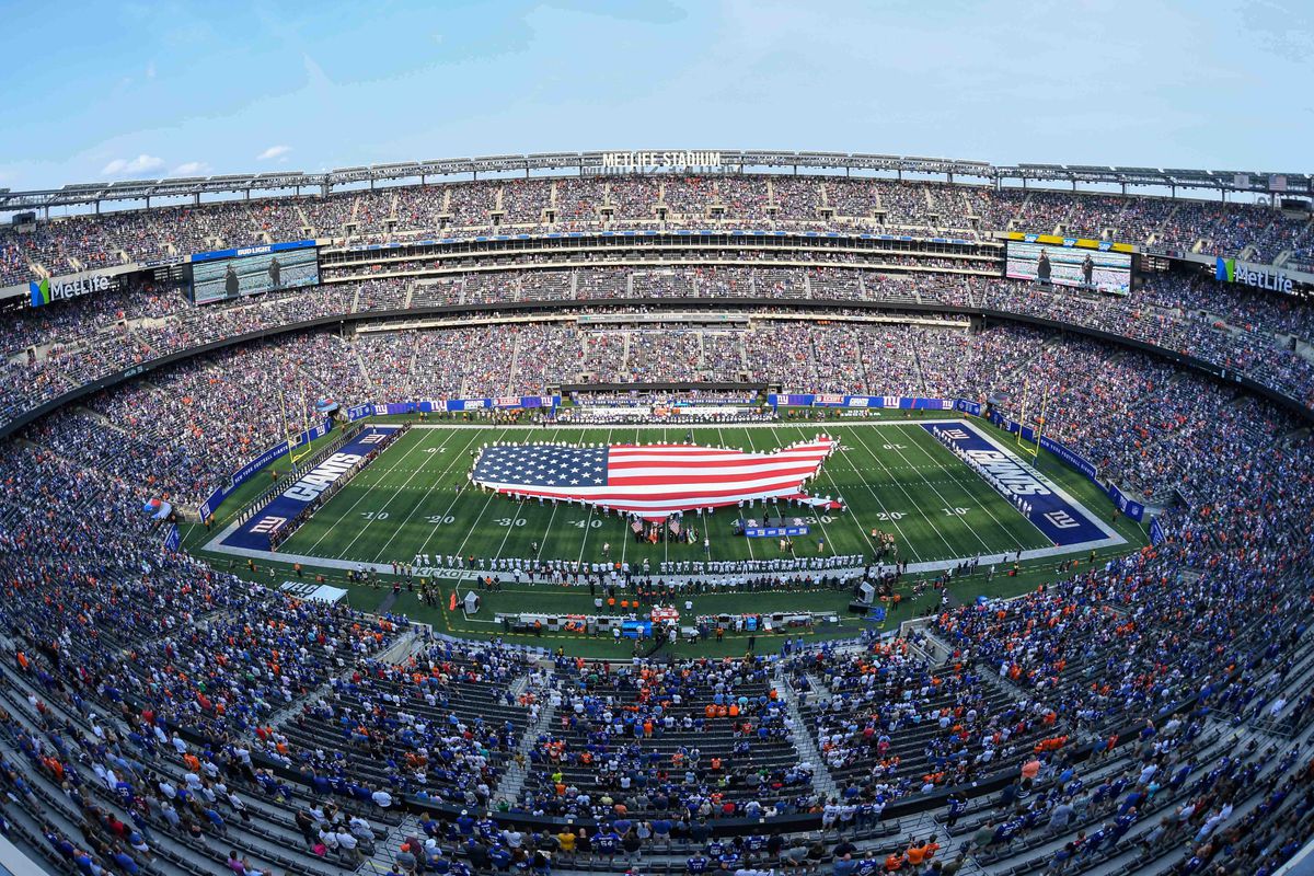 General view during the national anthem before the game between New York Giants and Denver Broncos at MetLife Stadium.