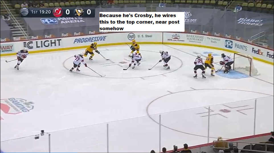 April 22: As annoying as giving up a goal in the first minute is and as bad as it was to see the Devils run around their own zone with reckless abandon, this goal by Crosby was just a fantastic shot.  I don’t think there was much anyone could do about it.