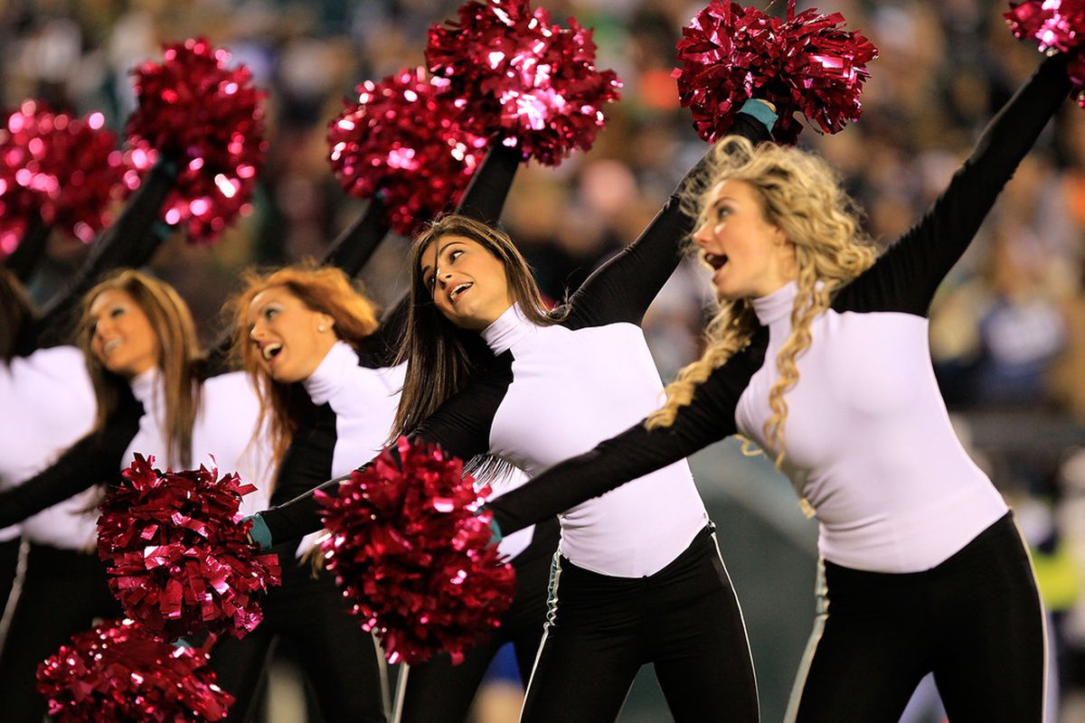 PHILADELPHIA - OCTOBER 30: Cheerleaders perform  on the field during the game between the Philadelphia Eagles and the Dallas Cowboys at Lincoln Financial Field on October 30, 2011 in Philadelphia, Pennsylvania.  (Photo by Chris Trotman/Getty Images)