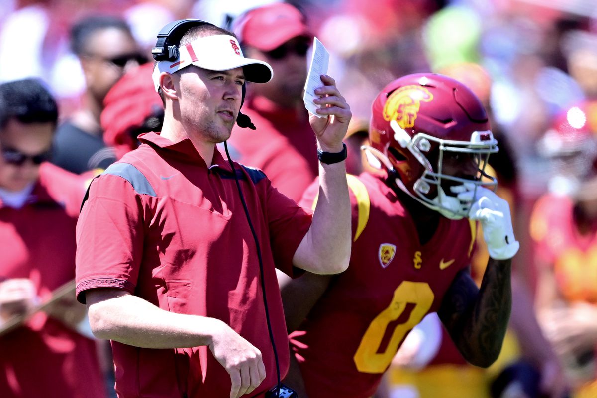 Head coach Lincoln Riley of the USC Trojans calls a play during the 2022 USC Spring Football game at Los Angeles Memorial Coliseum on April 23, 2022 in Los Angeles, California.