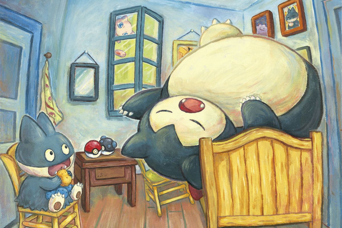 Snorlax laying in a bed in a Van Gogh style painting