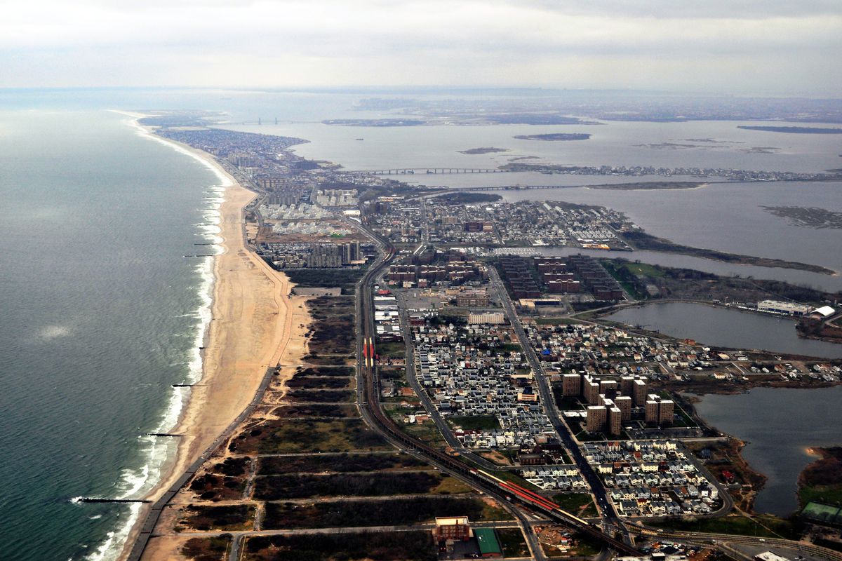 A birds-eye view of the Rockaway peninsula sandwiched between Jamaica Bay and the Atlantic.