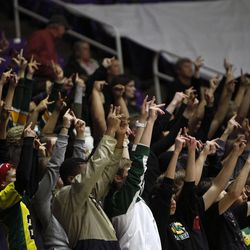 Kearns fans cheer as Logan plays Kearns in the 4A boys basketball quarterfinals at the Dee Events Center in Ogden Thursday, Feb. 26, 2015.