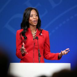 Mia Love, R-Utah, participates in the Fourth Congressional District debate with Democratic challenger Doug Owens at Salt Lake Community College's Karen Gail Miller Conference Center in Sandy on Monday, Oct. 10, 2016.