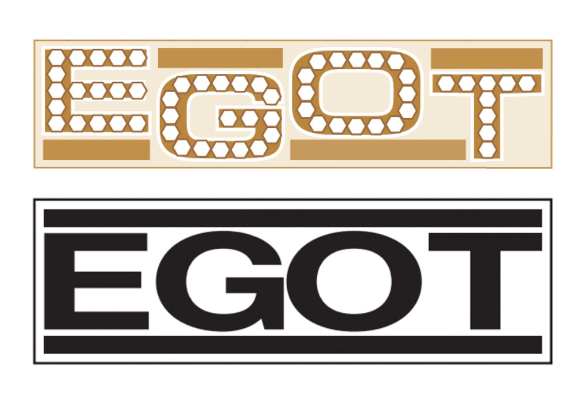 Two stacked images showing necklace designs for “EGOT,” the top gold and blinged out, the bottom in black letters