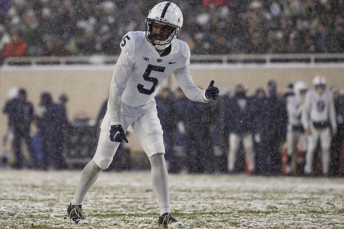 Penn State Nittany Lions wide receiver Jahan Dotson (5) gives a thumbs up before a play during the second quarter against the Michigan State Spartans at Spartan Stadium.