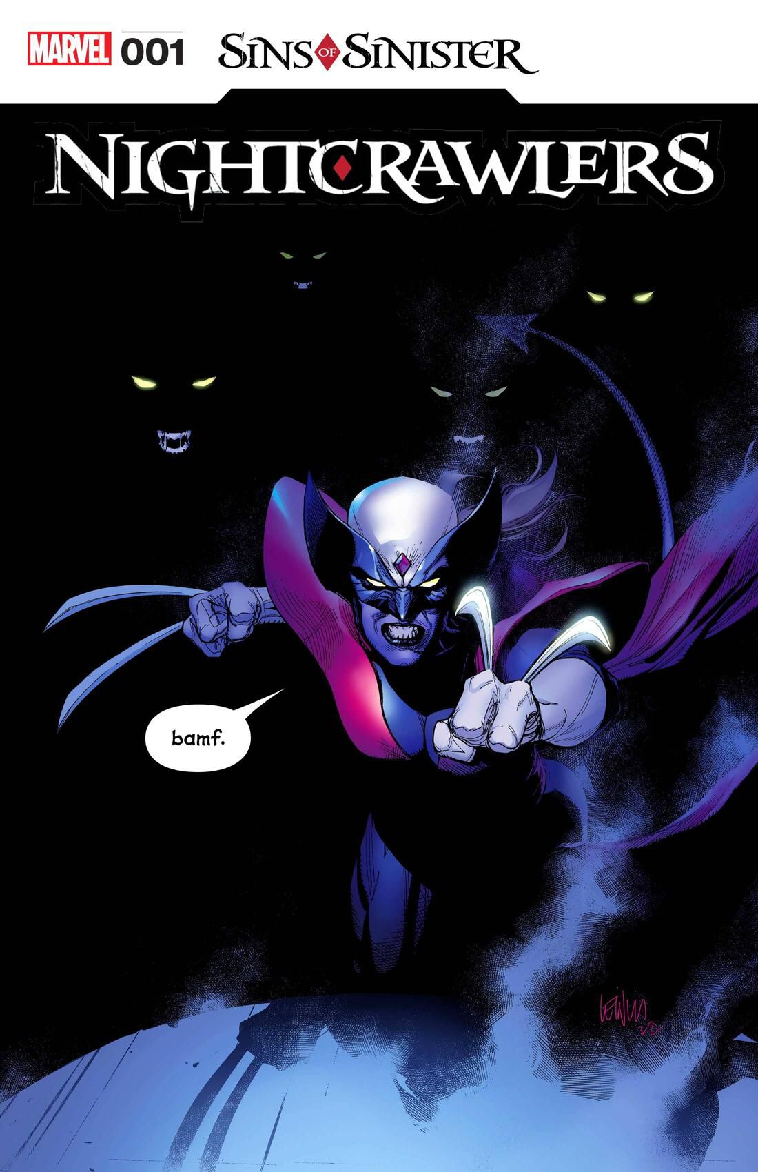 “bamf,” says a Laura Kinney/Nightcrawler hybrid, with more Nightcrawler hybrids behind her, as she leaps towards the reader with her claws out, on the cover of Nightcrawlers #1 (2023). 