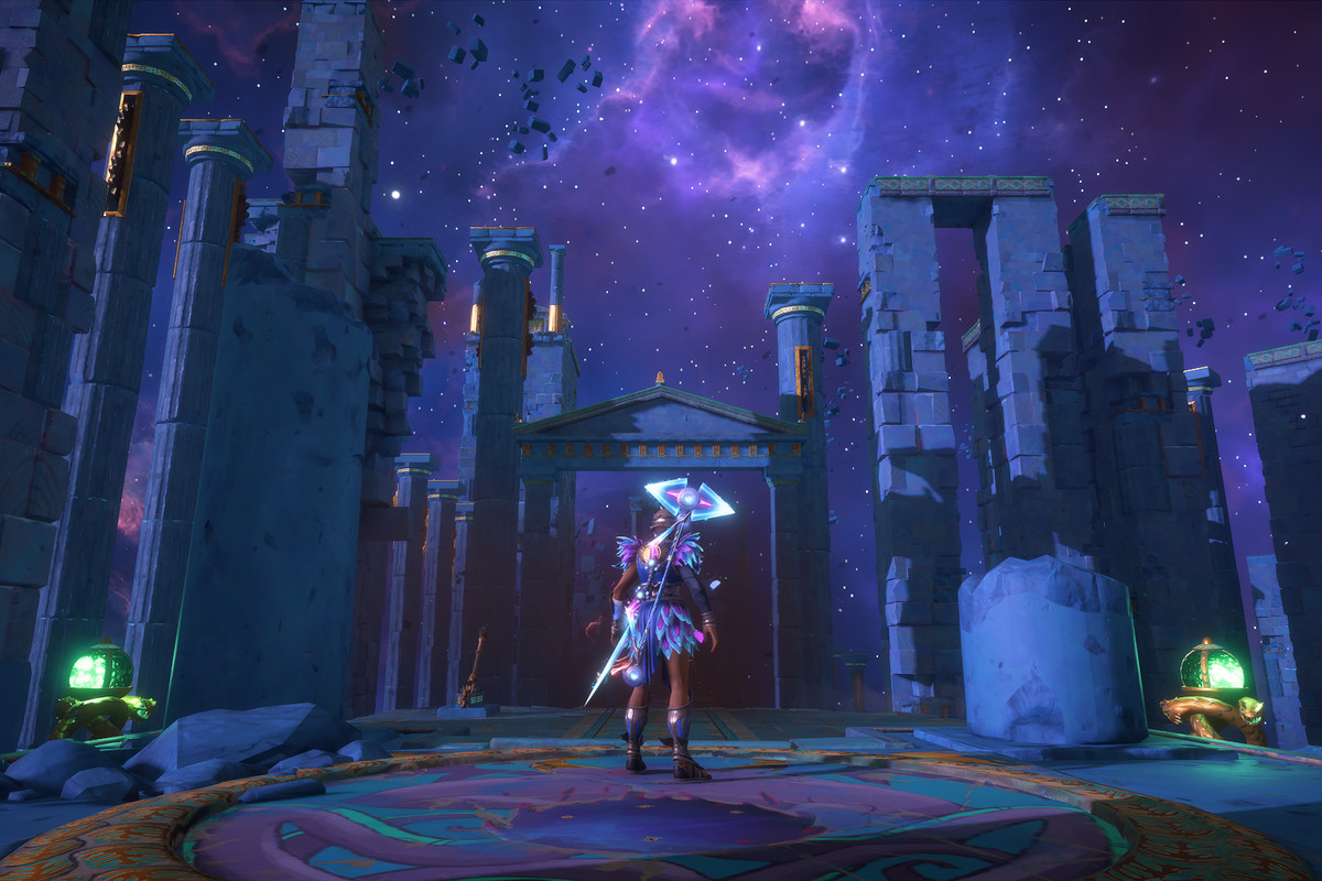 The main character of Immortals Fenyx Rising stands in front of the Atalanta’s Escape Vault of Tartaros entrance.
