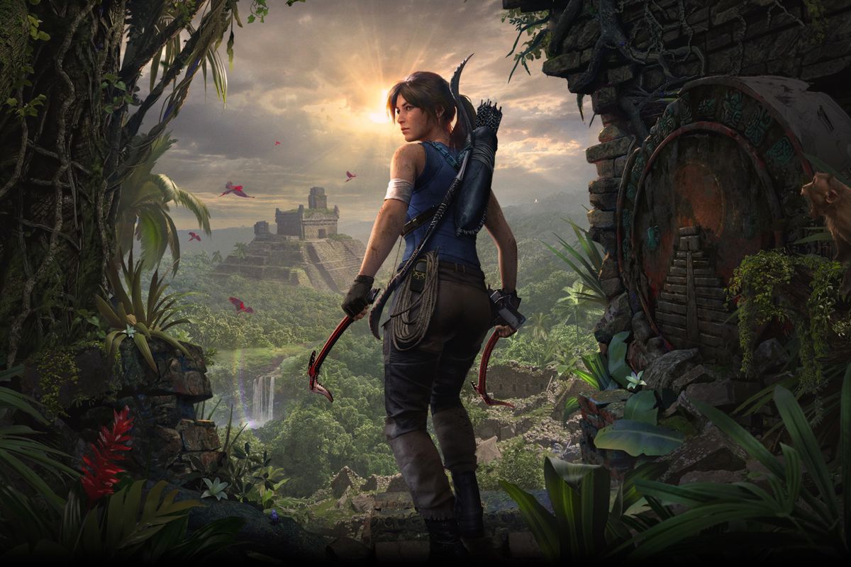 Lara Croft faces a temple amid jungle vines in artwork from Shadow of the Tomb Raider