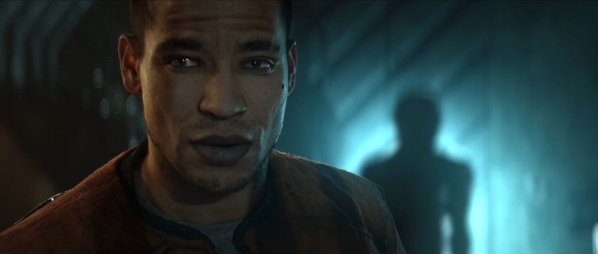 A prisoner faces is trailed by a monster in a still from The Callisto Protocol’s cinematic trailer